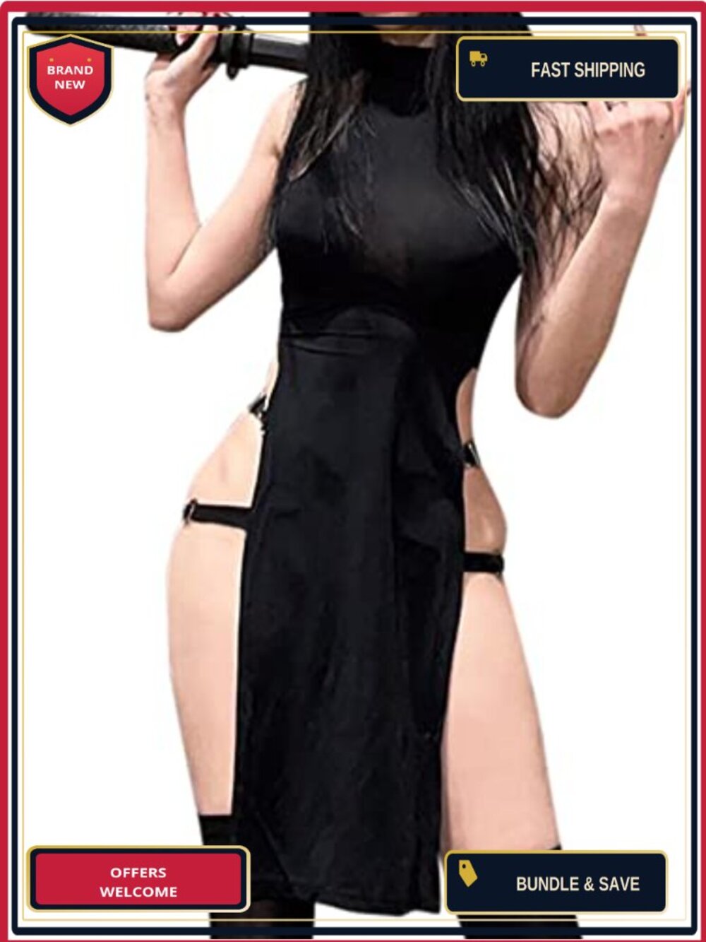 JasmyGirls Sexy Devil Cosplay Lingerie High Slit Goth Dress Ninja Costume